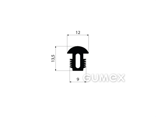 "T" Gummiprofil mit Loch, 13,5x12/9mm, 70°ShA, EPDM, ISO 3302-1 E2, -40°C/+100°C, schwarz, 
